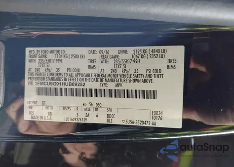 2017 Ford Escape Se z USA, uszkodzony, nr VIN 1FMCU9G91HUB89252